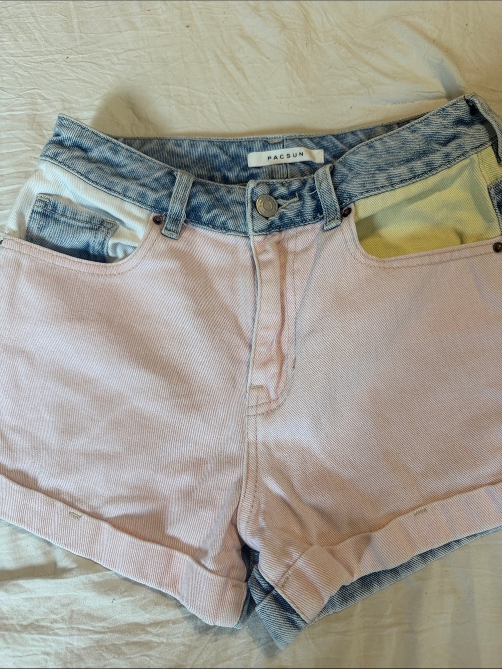 PacSun Pastel Pink High-Rise Denim Shorts with Faded Blue Waistband